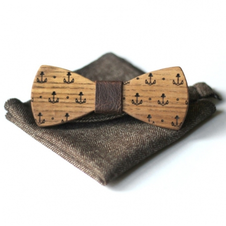 Деревянная коричневая бабочка с якорем Wooden Bow Tie Anchor Brown