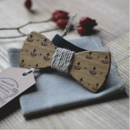 Деревянная бабочка серая с якорем Wooden Bow Tie Anchor Gray